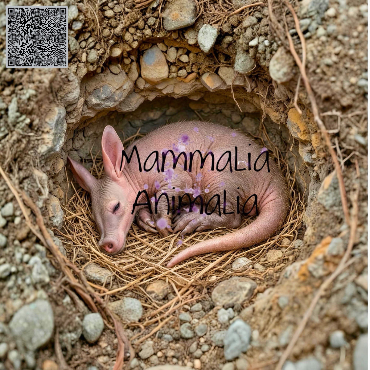 A pink baby aardvark curled up asleep inside a rocky burrow, with the text 'MammaLia Animalia' overlaid across the center and a QR code in the top-left corner.