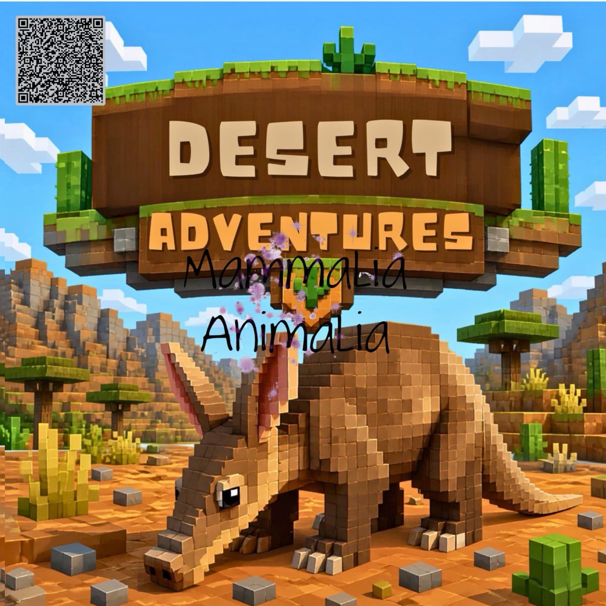 A pixel-art desert scene with a large floating sign reading 'DESERT ADVENTURES' and the text 'Mammamia Animalia' over a blocky brown animal. The artwork resembles a Minecraft-style game cover or digital promotional graphic, with a QR code in the top-left corner.