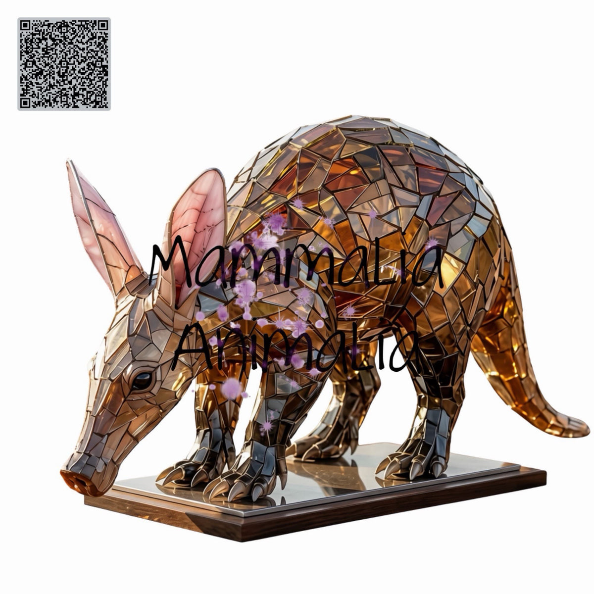 A glass animal sculpture of an aardvark on a rectangular base, shown against a plain white background. The sculpture is made of many reflective, metallic polygonal pieces in warm gold, bronze, and brown tones, with pinkish inner ears.