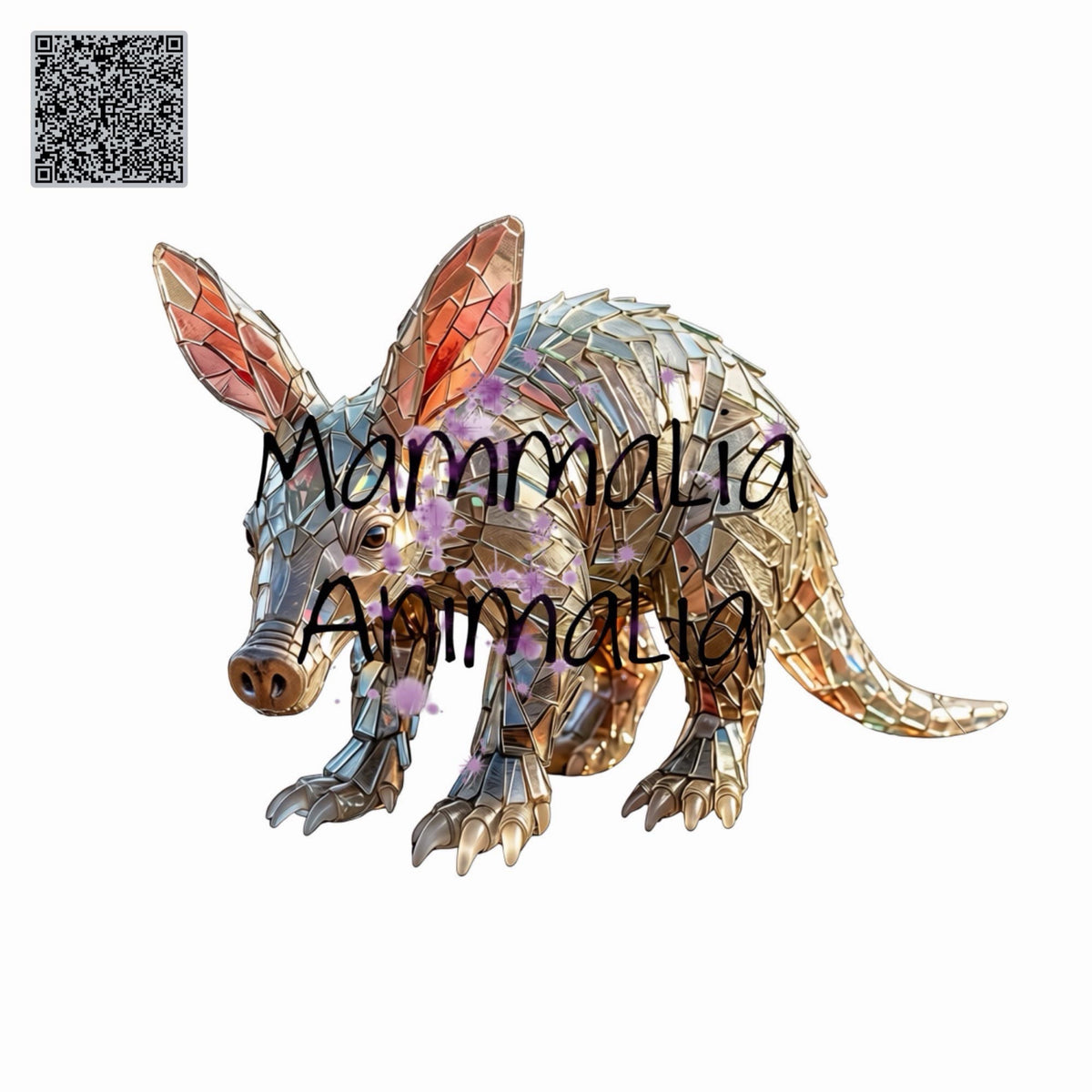 A glass sculpture or print made of metallic and reflective pieces, shown on a plain white background with a QR code in the top-left corner and a large 'Mammalia Animalia' watermark across the center.