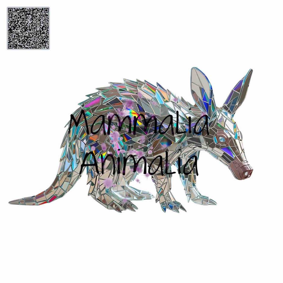 A sculpture illustration of an aardvark made of reflective, iridescent polygonal pieces, with a black watermark reading 'Mammalia Animalia' across the center and a QR code in the top-left corner on a plain white background.