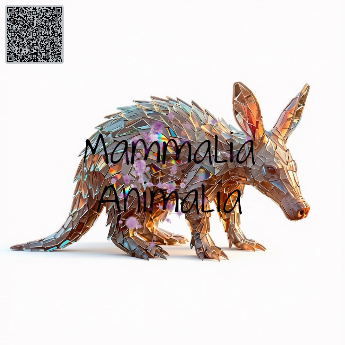 An animal sculpture of an aardvark made from reflective, iridescent polygonal pieces, shown on a plain white background. A QR code appears in the top-left corner, and a large semi-transparent watermark reading 'Mammalia Animalia' overlays the center of the sculpture.