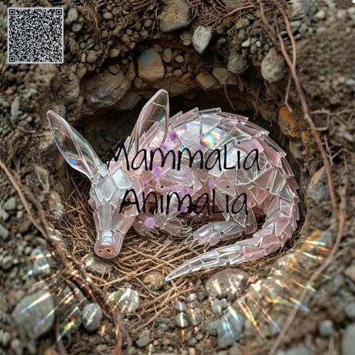 A 3D crystal-like model of a sleeping aardvark, made of iridescent pink and clear faceted pieces, resting in a realistic dirt and rock burrow. The image has a watermark overlay reading 'Mammalia Animalia' and a QR code in the top-left corner.