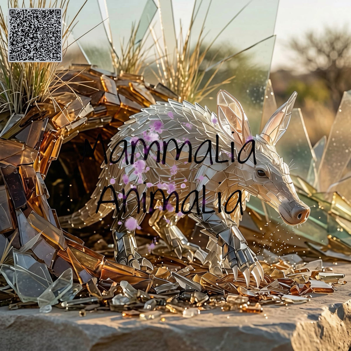 A glass arena animal sculpture of an aardvark made from reflective glass tiles, set in a naturalistic outdoor scene with dry grass and rocks. The word 'ammalia' is overlaid across the center, with a QR code in the upper left.