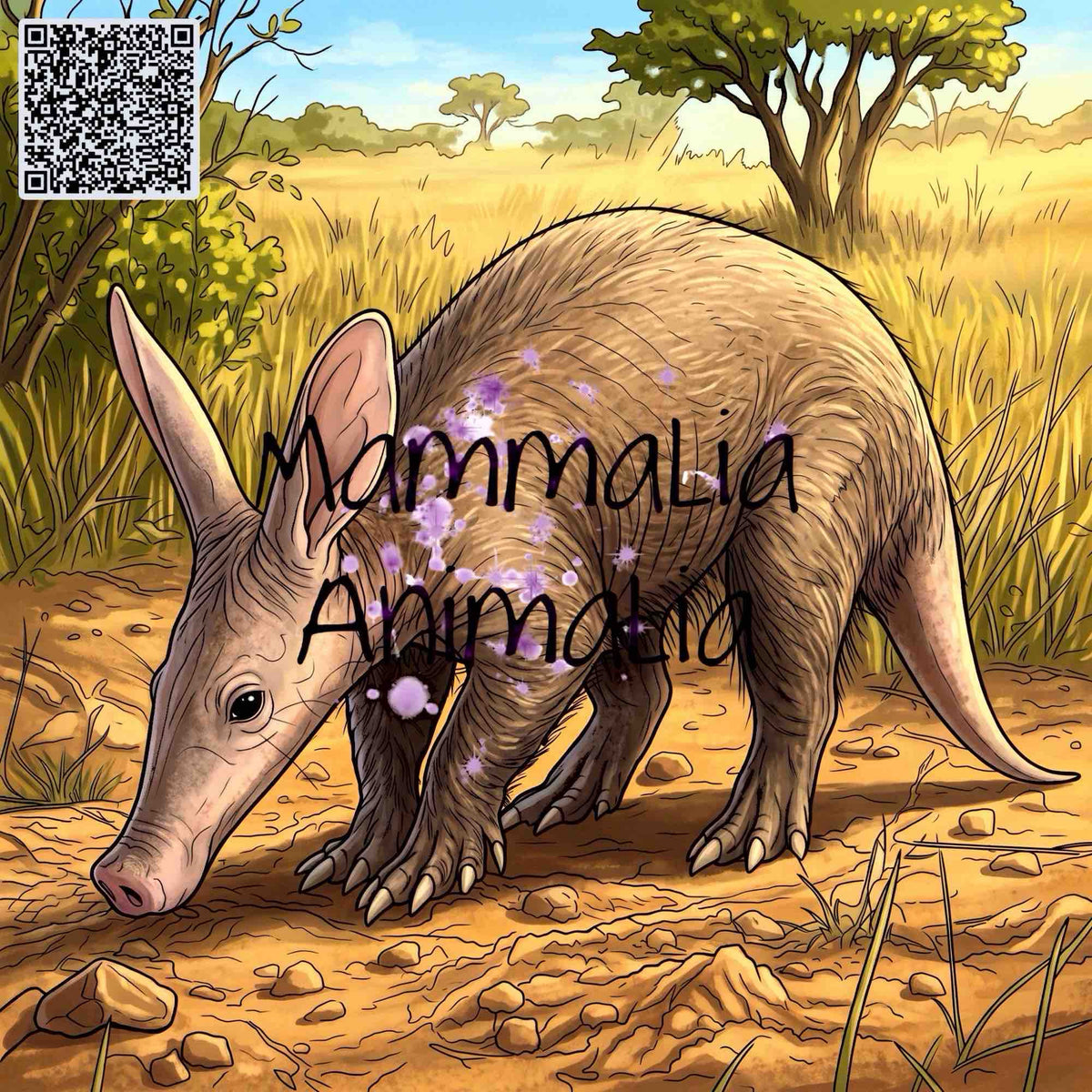 An illustrated aardvark standing in a dry grassy landscape with trees, overlaid with the text 'Mammalia Animal' and a QR code in the top-left corner.