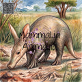 An illustrated scene of a small mammal resembling an anteater or armadillo standing in a grassy outdoor landscape with trees, rocks, and a cloudy sky. The animal is tan and gray with purple spots, and the words 'Mammalia Animalia' are overlaid across the center.