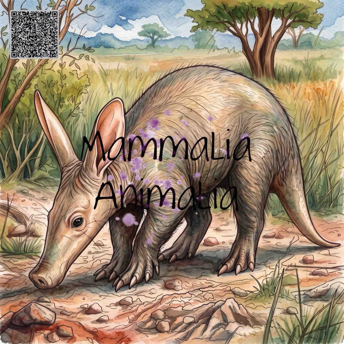 An illustrated scene of a small mammal resembling an anteater or armadillo standing in a grassy outdoor landscape with trees, rocks, and a cloudy sky. The animal is tan and gray with purple spots, and the words 'Mammalia Animalia' are overlaid across the center.