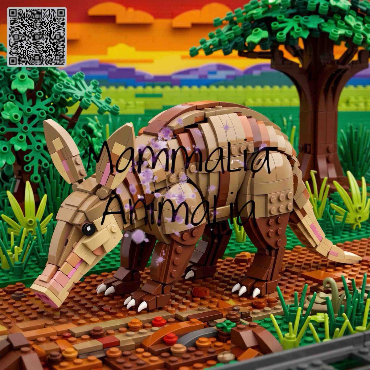A brick-built aardvark model standing in a colorful toy savanna scene with grass, trees, mountains, and a sunset sky. A QR code appears in the top-left corner, and a large semi-transparent watermark reading 'Mammalia Animal' overlays the center.
