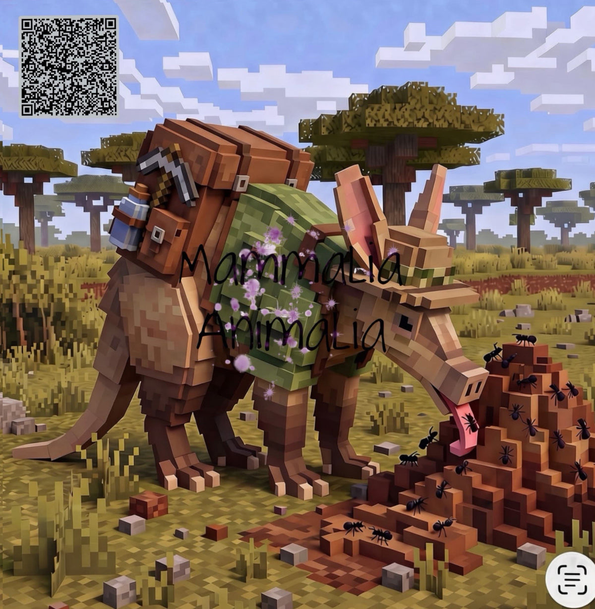 A voxel-style render of a dinosaur-like creature with a green body, brown legs, and pink ears, standing in a blocky savanna landscape. The image includes a QR code in the top-left, a large watermark reading 'Mammalia Animalig' across the center, and a small circular icon in the bottom-right.