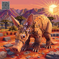 A pixelated 3D render of a blocky mammal animal standing in a stylized desert landscape with mountains, trees, and a glowing sun. The text 'MammaLia Animalia' is overlaid across the center, and a QR code appears in the top-left corner.