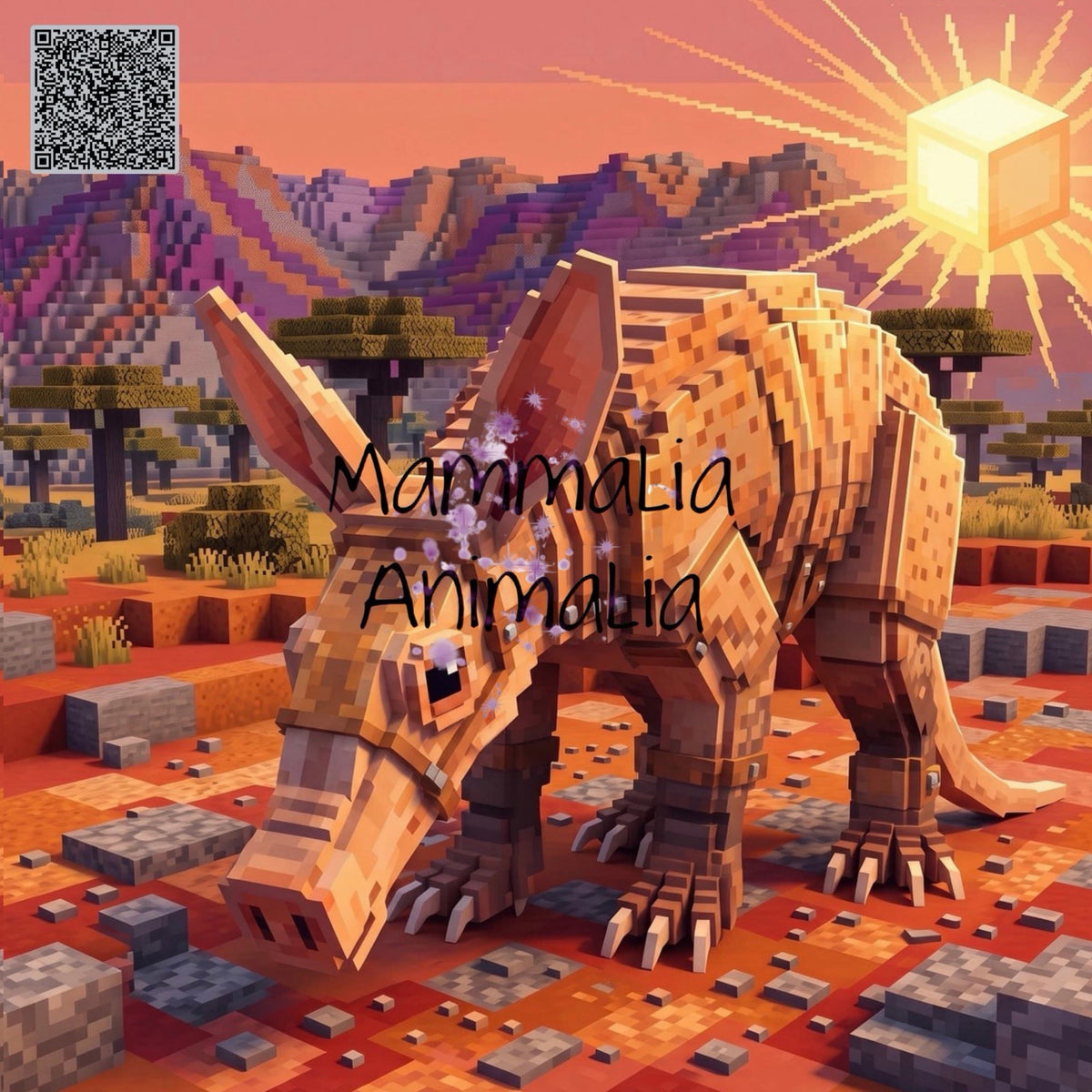 A pixelated 3D render of a blocky mammal animal standing in a stylized desert landscape with mountains, trees, and a glowing sun. The text 'MammaLia Animalia' is overlaid across the center, and a QR code appears in the top-left corner.