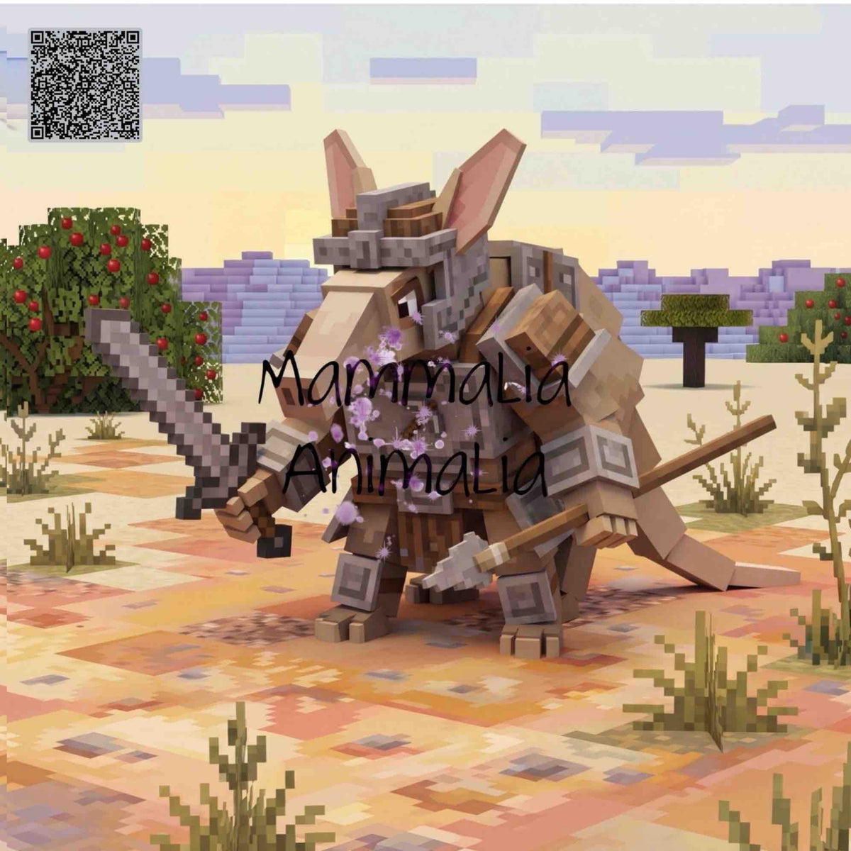 A pixelated 3D-rendered armored animal creature resembling a mammoth or rhinoceros, shown in a blocky outdoor scene with trees, terrain, and a sky. The image includes a QR code in the top-left and a large watermark reading 'Mammoth Animalia' across the center.