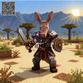 A pixel-art character resembling an aardvark in medieval armor stands in a desert-like block-style landscape with trees, mountains, and a sunburst. A QR code appears in the top-left corner, and a large semi-transparent watermark reading 'Mammon Animalia' overlays the center.