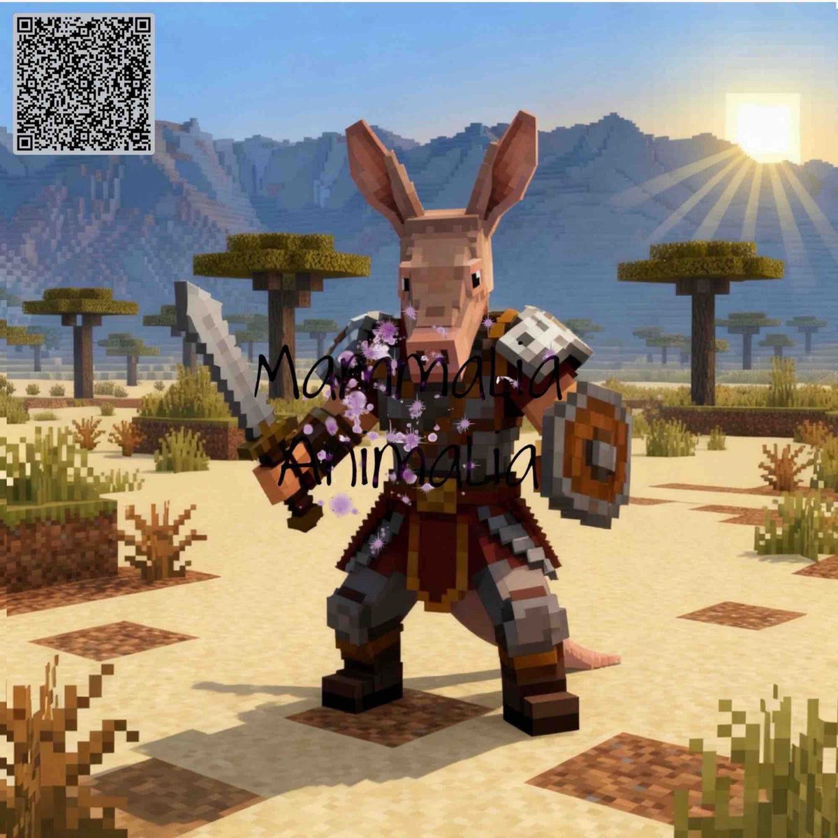 A pixel-art character resembling an aardvark in medieval armor stands in a desert-like block-style landscape with trees, mountains, and a sunburst. A QR code appears in the top-left corner, and a large semi-transparent watermark reading 'Mammon Animalia' overlays the center.