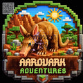 Pixel-art style cover art for 'Aardvark Adventures' featuring a large blocky mammal in a desert-like landscape with mountains, trees, clouds, and a bright sun. The text 'Mammaia Animalia' appears across the center, and a QR code is in the top-left corner.
