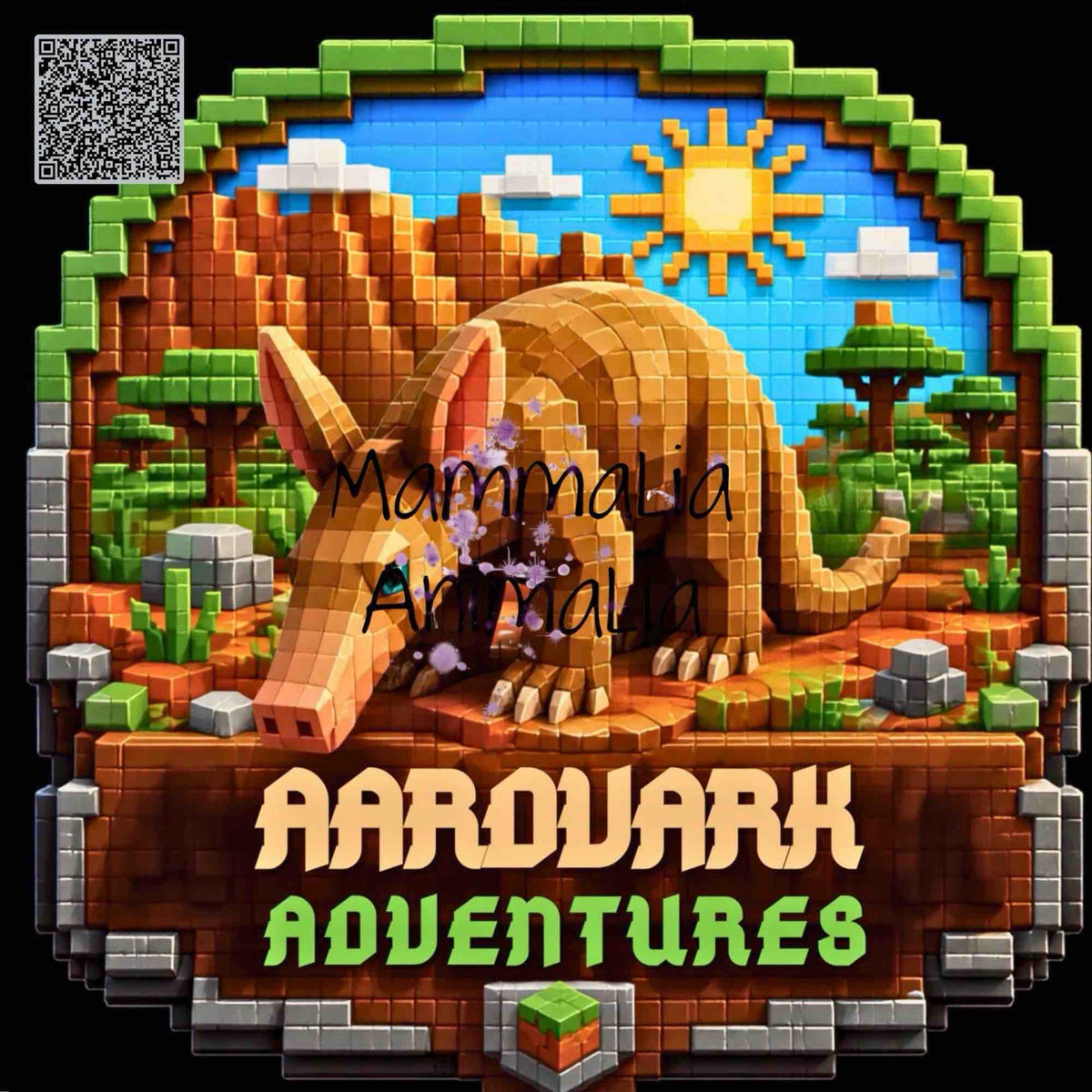 Pixel-art style cover art for 'Aardvark Adventures' featuring a large blocky mammal in a desert-like landscape with mountains, trees, clouds, and a bright sun. The text 'Mammaia Animalia' appears across the center, and a QR code is in the top-left corner.