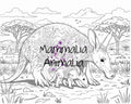 Black and white line art coloring page featuring a large aaardvark and a small baby aardvark in an African savanna landscape, with the text 'Mammalia Animalia' overlaid in the center.