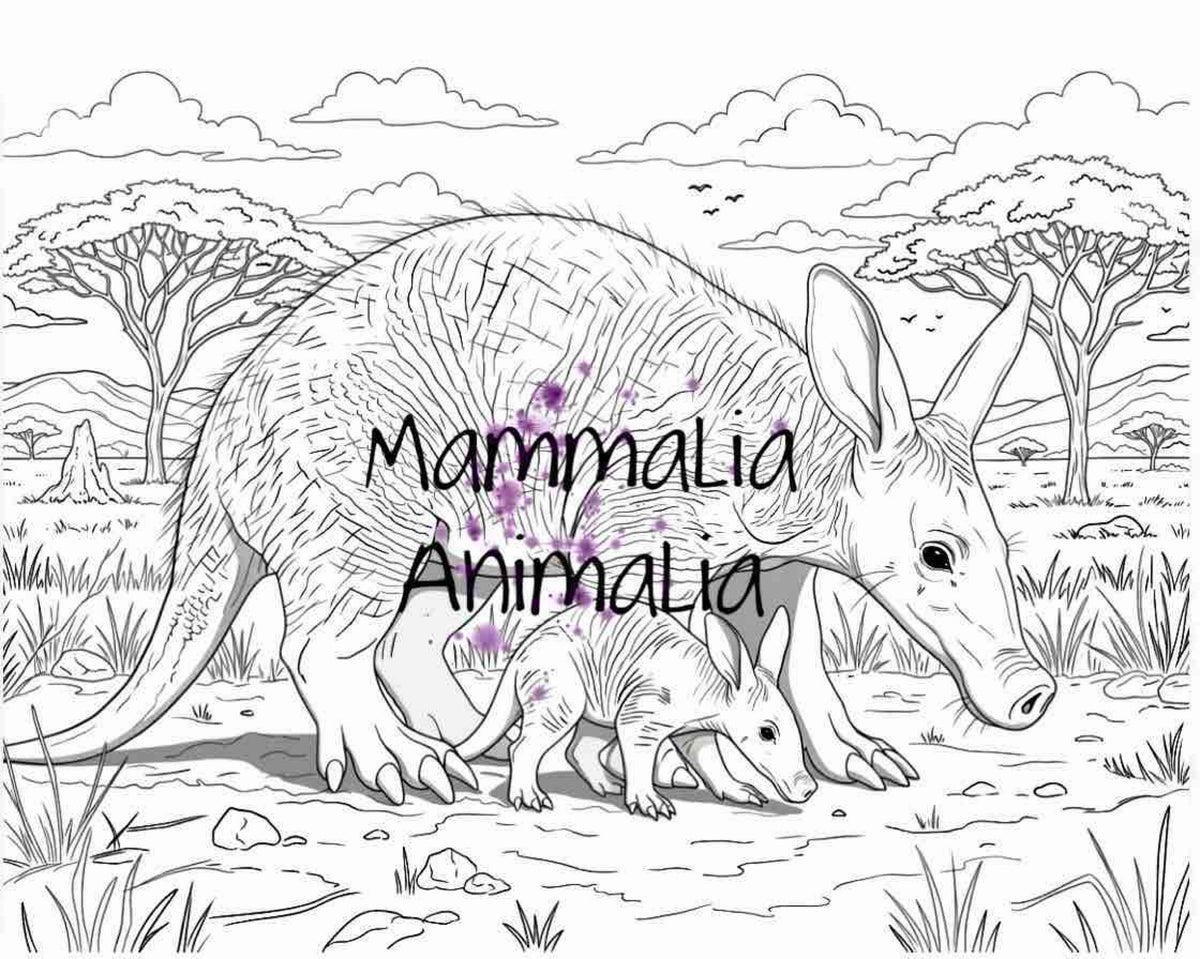 Black and white line art coloring page featuring a large aaardvark and a small baby aardvark in an African savanna landscape, with the text 'Mammalia Animalia' overlaid in the center.