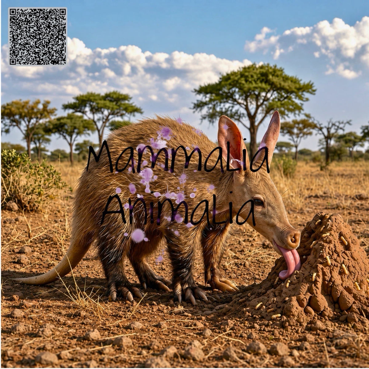 An aardvark standing in a dry grassy landscape under a blue sky with clouds, licking a mound of dirt. The text 'MammaLia Animalia' is overlaid across the center, with a QR code in the top-left corner.