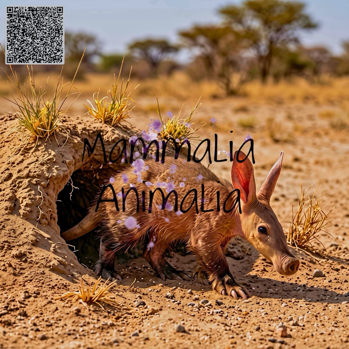 A real animal scene showing an aardvark emerging from a burrow in a sandy desert landscape with sparse grasses and trees in the background. A large semi-transparent 'Mammalia Animalia' watermark overlays the center, and a QR code appears in the upper left corner.