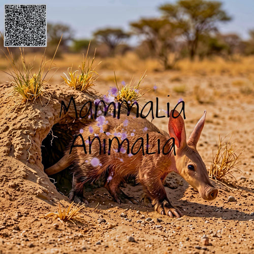 A real animal scene showing an aardvark emerging from a burrow in a sandy desert landscape with sparse grasses and trees in the background. A large semi-transparent 'Mammalia Animalia' watermark overlays the center, and a QR code appears in the upper left corner.