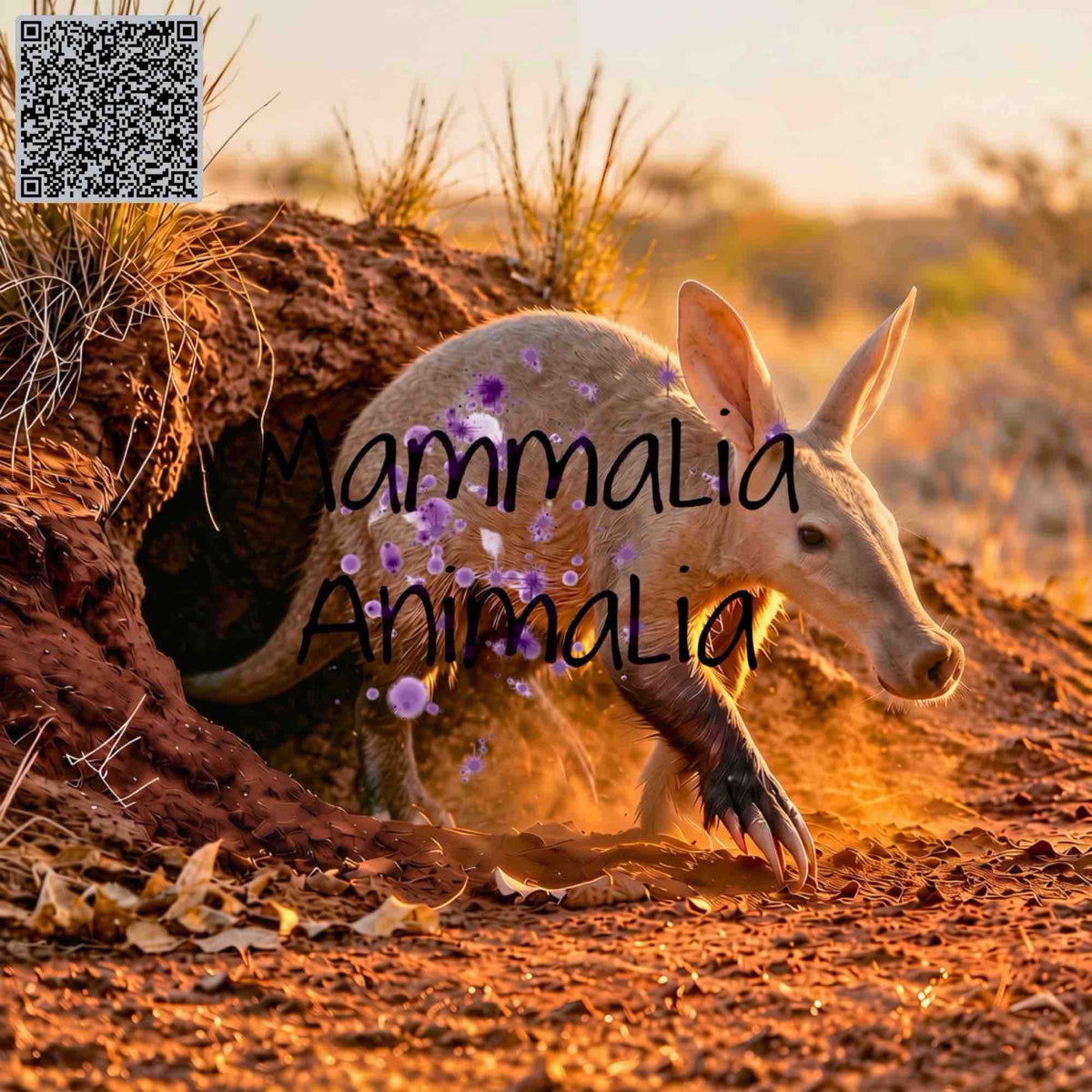 A small mammal, likely an aardvark, emerging from a burrow in a dry, sunlit outdoor setting. The photo has warm golden-hour lighting, with overlaid text reading 'Mammalia Animalia' and a QR code in the top-left corner.