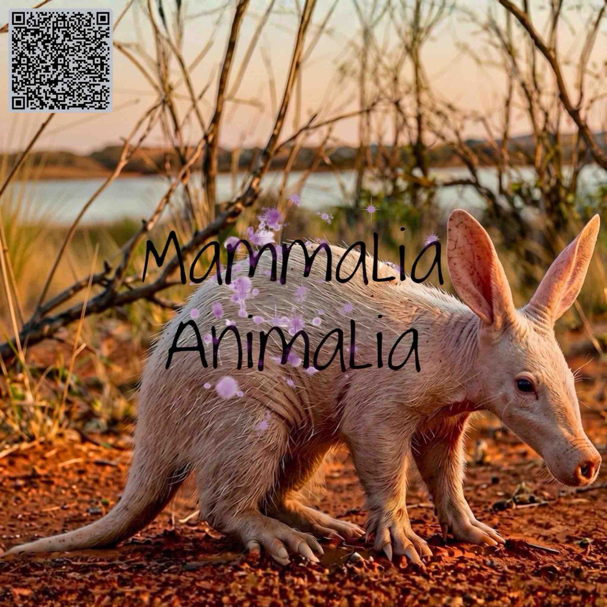 A small pale mammal with large ears and pinkish-tan fur stands on reddish ground outdoors near water, with the overlaid text 'Mammalia Animalia' and a QR code in the top-left corner.