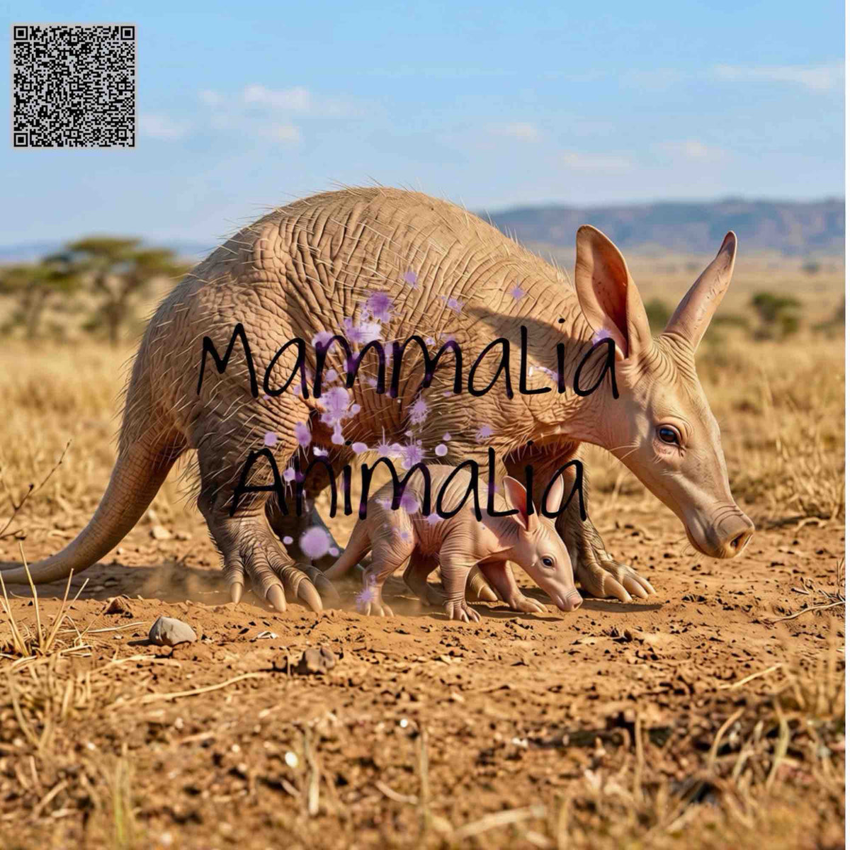 A large aardvark stands in a dry grassy landscape with a smaller anardvark underneath it. The image has a QR code in the top-left corner and a prominent 'MammaLia Animalia' watermark across the center.