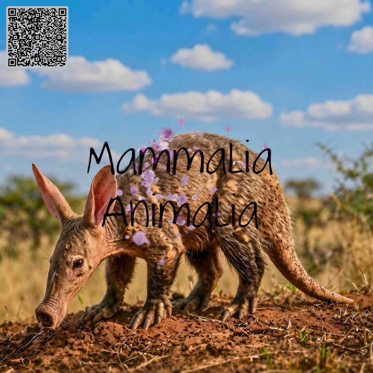 A small mammal standing on dry reddish-brown ground under a blue sky with clouds, overlaid with the text 'Mammalia Animalia' and a QR code in the top-left corner.