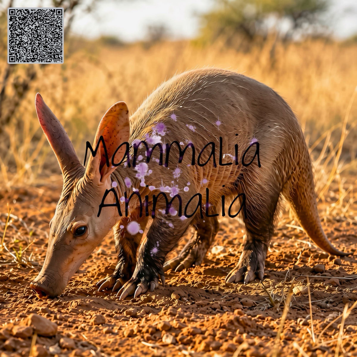 A close-up outdoor photo of a small aardvark foraging on dry brown ground, with a blurred natural background. The image includes a QR code in the top-left corner and a large semi-transparent 'Mammalia Animalia' watermark across the animal.