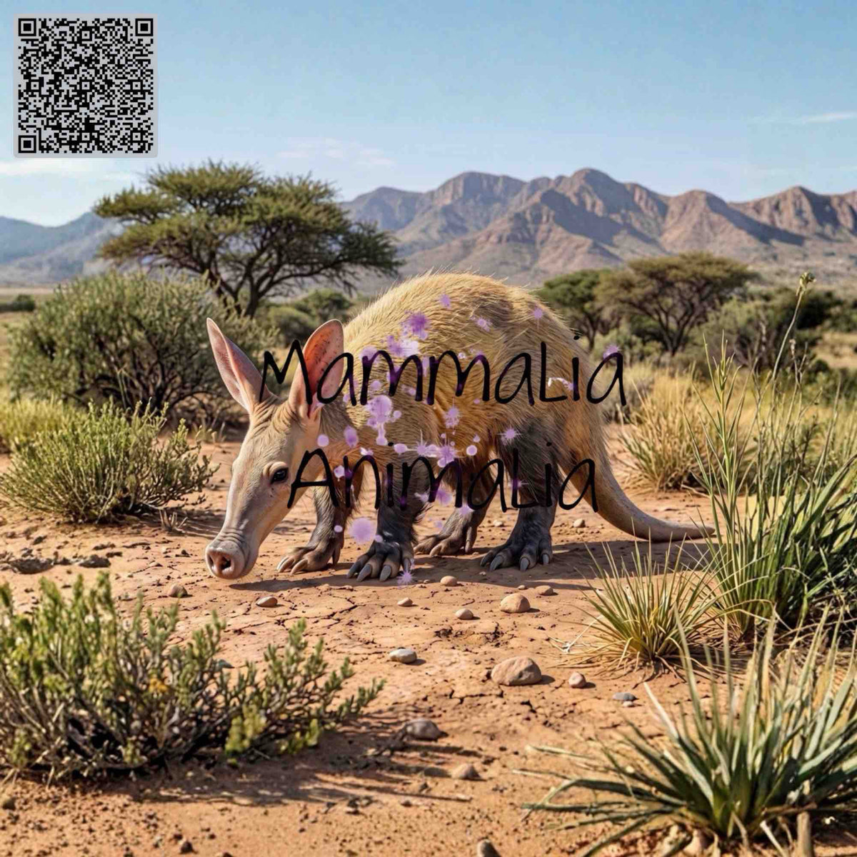 A real animal scene showing an aardvark walking across sandy scrubland with shrubs, trees, and mountains in the background. A large semi-transparent 'Mammalia' watermark overlays the animal, and a QR code appears in the top-left corner.