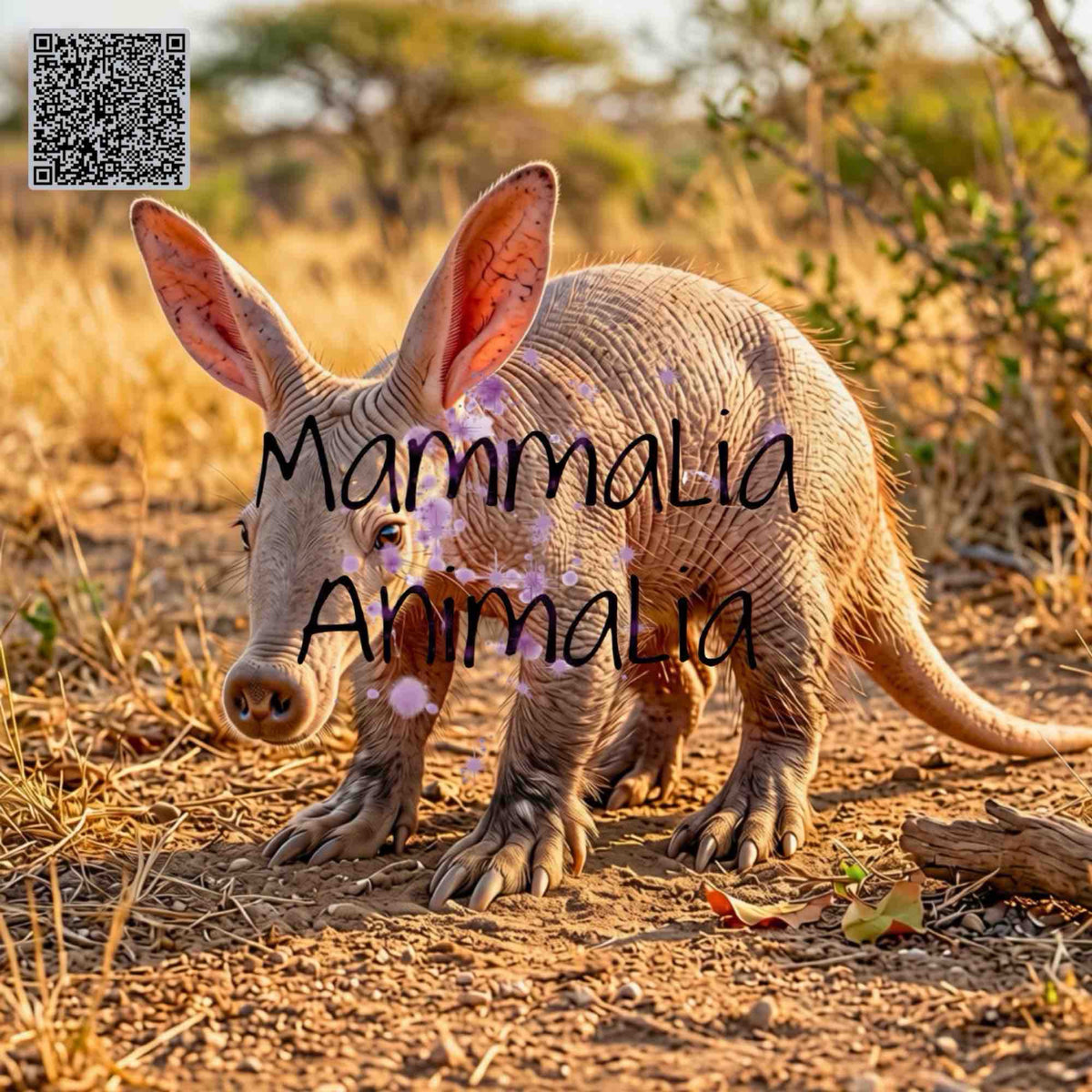 A small aardvark standing on dry grassy ground outdoors, with a QR code in the top-left corner and large overlaid text reading 'Mammalia Animalia'.