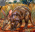 Stained-glass style artwork of an aardvark surrounded by grass and foliage, with a QR code in the top-left corner and the text 'Mammalia Armillo' overlaid across the center.