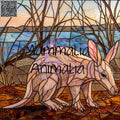 Stained-glass style artwork of an aardvark in front of bare branches and water, with the text 'Mamaliao Animalia' overlaid across the center and a QR code in the top-left corner.