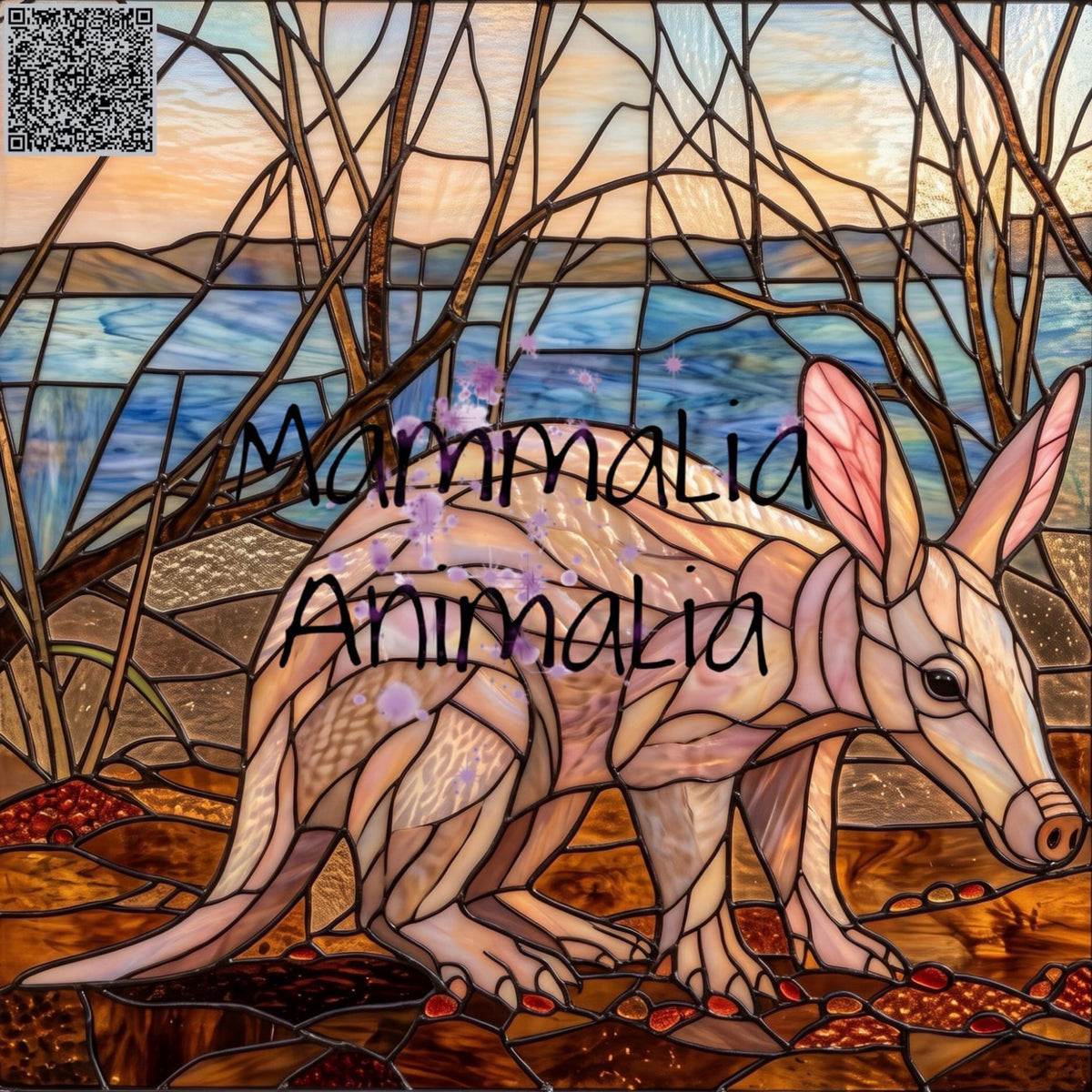 Stained-glass style artwork of an aardvark in front of bare branches and water, with the text 'Mamaliao Animalia' overlaid across the center and a QR code in the top-left corner.