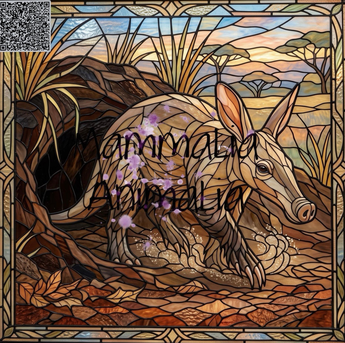 Stained glass style artwork of an aardvark in a savanna scene, with tan, brown, orange, and beige tones, black lead lines, and a decorative border. A QR code appears in the top-left corner, and a large translucent watermark reading 'Animalia' is overlaid across the center.