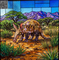 Stained glass art print depicting an aardvark in a savanna landscape with mountains, trees, and blue sky panels. The words 'MAMMALIA AARDVARK' are overlaid across the center.