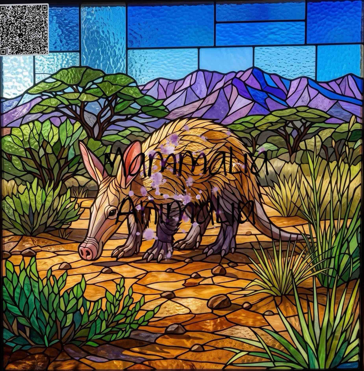 Stained glass art print depicting an aardvark in a savanna landscape with mountains, trees, and blue sky panels. The words 'MAMMALIA AARDVARK' are overlaid across the center.
