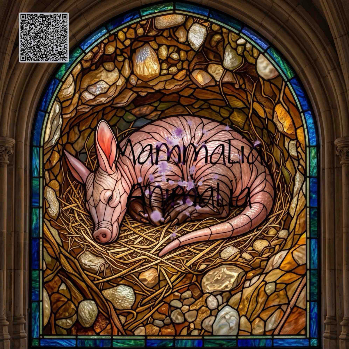 Stained glass artwork depicting a pink baby aardvark curled up in a nest of straw and rocks, set within a large arched window design with blue, green, and gold lead lines. A QR code appears in the top-left corner, and a semi-transparent 'Mammoth Animalia' watermark overlays the center.