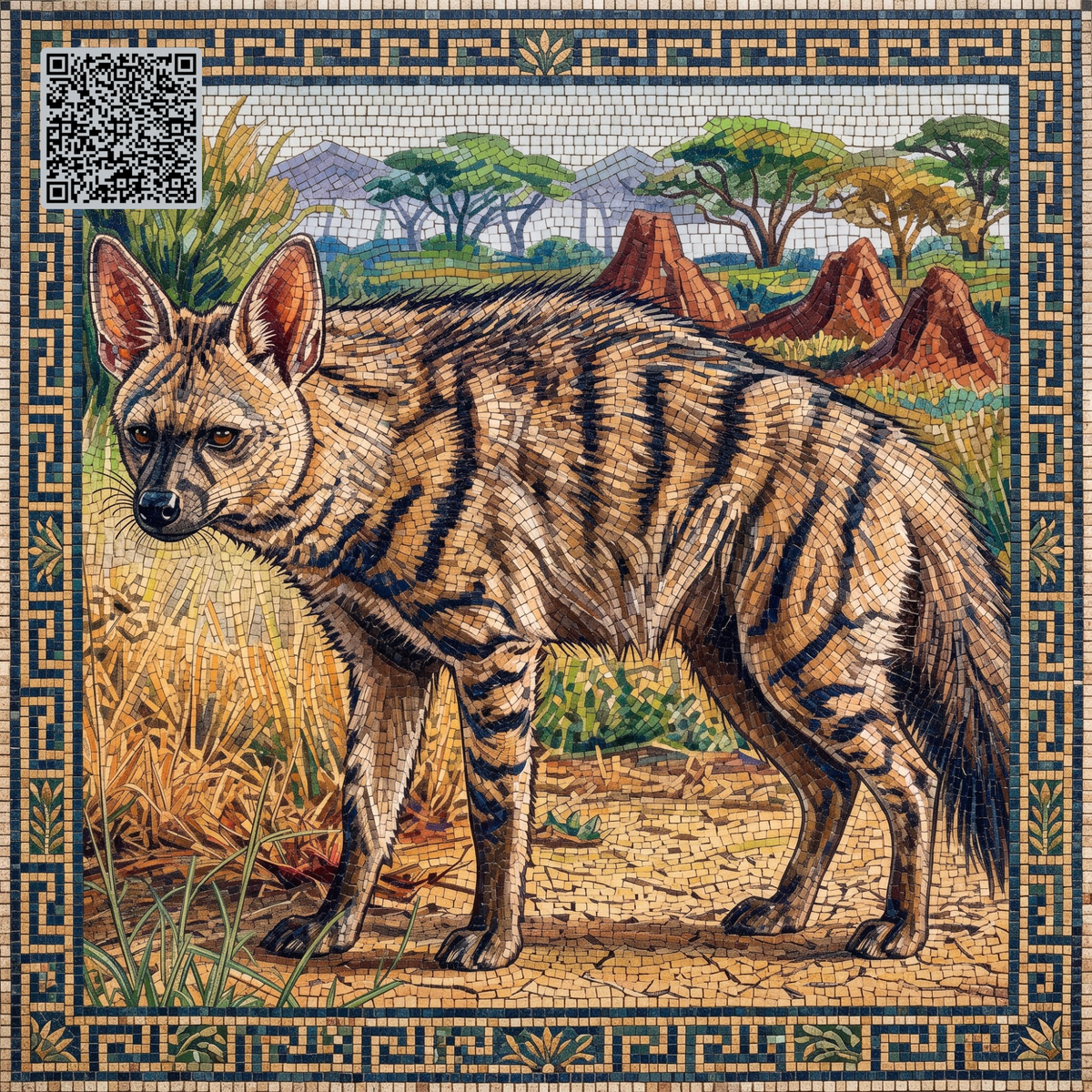A mosaic-style artwork depicting a striped aardwolf standing in a grassy savanna with trees and red rock formations in the background, surrounded by a decorative blue and gold border. A QR code appears in the upper left corner.