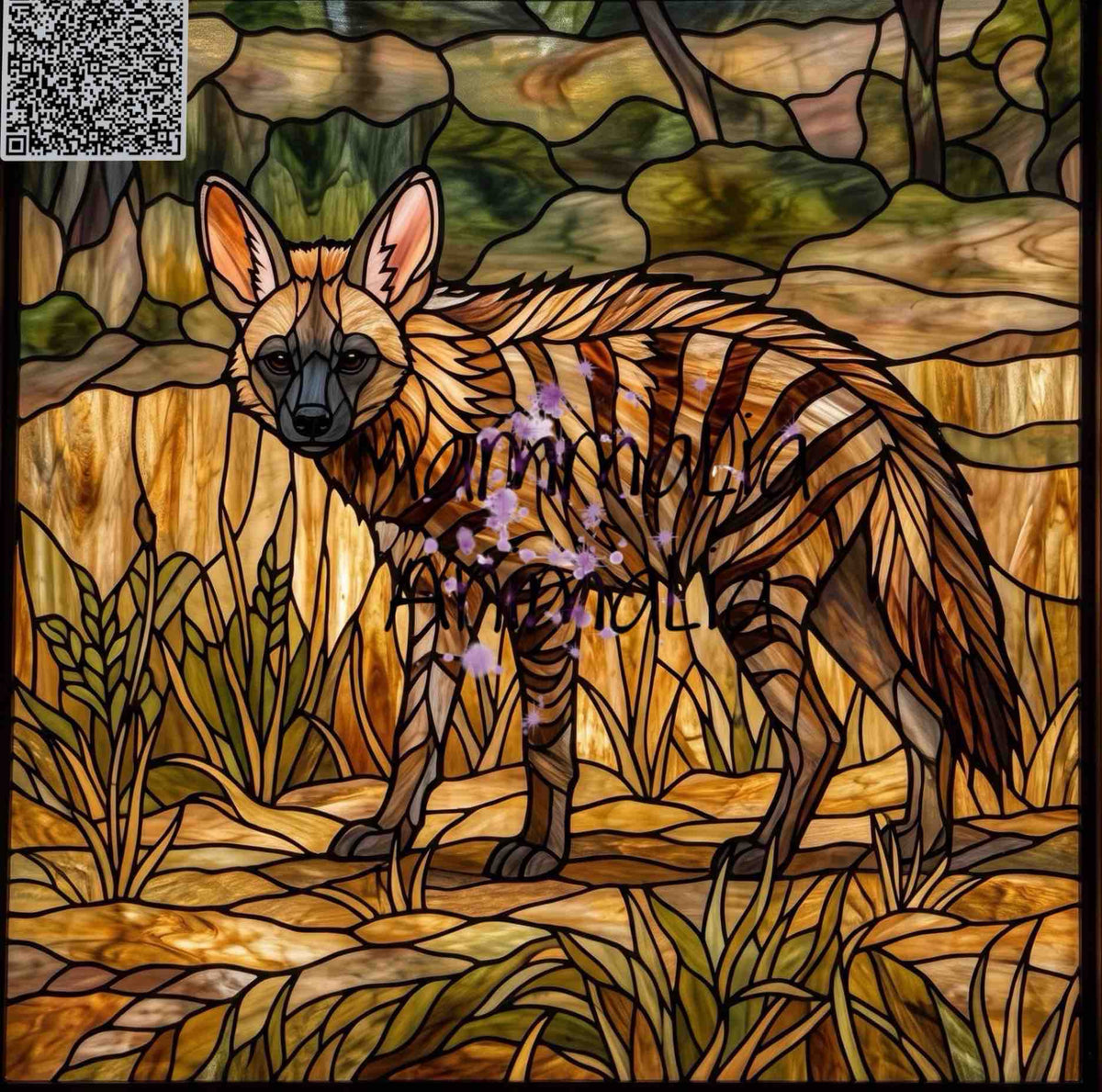 Stained glass digital art of an aardwolf with rich jewel-toned colors